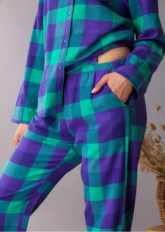 440 Женская байковая пижама: рубашка и длинные штаны Key Синий с зеленым